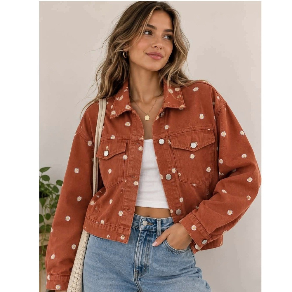 Cali 1850 Daisy Embroidered Denim Jacket M Rust Brown Cotton Floral Trucker